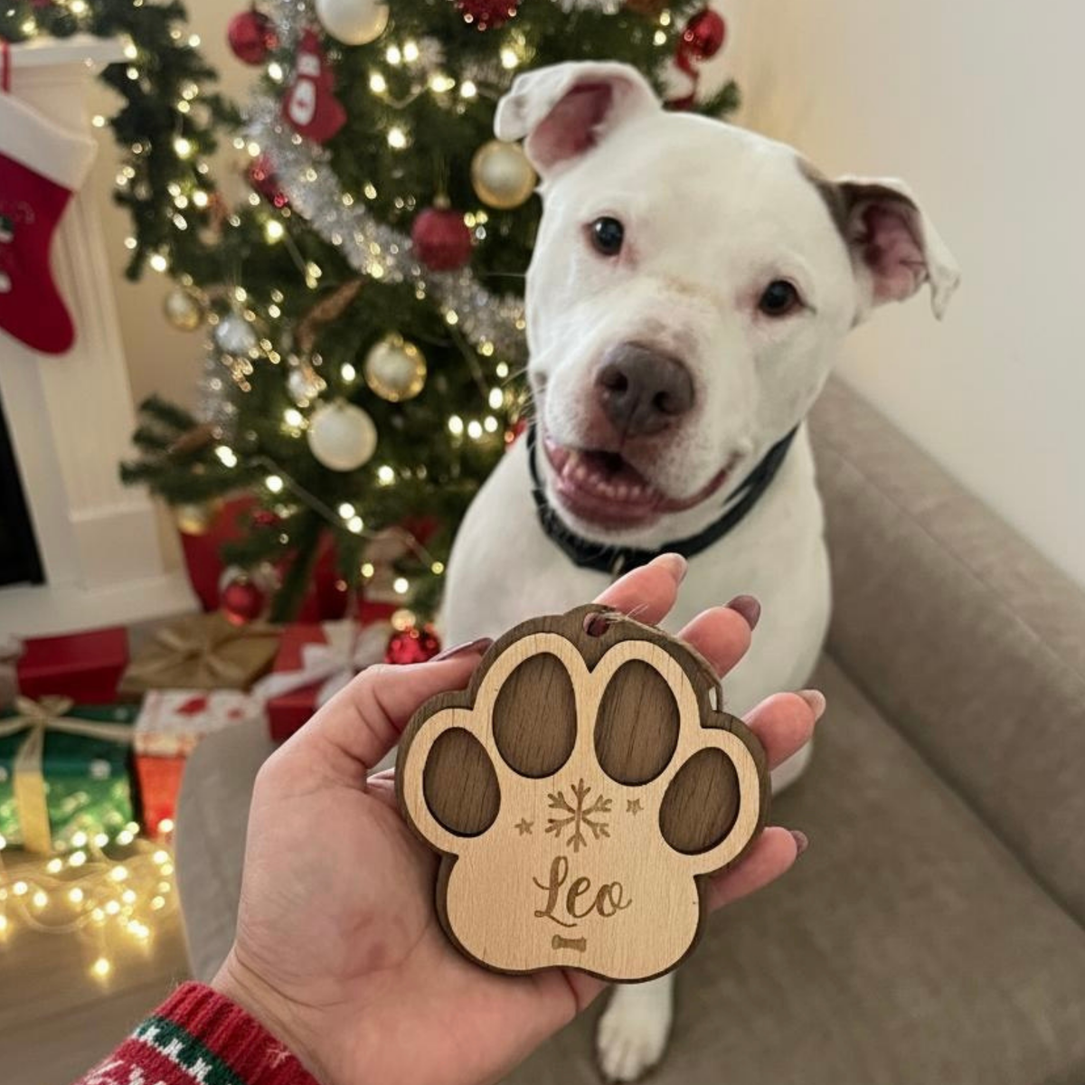 Perro junto a su bola de Navidad de madera con forma de huella y nombre Leo, Lunera