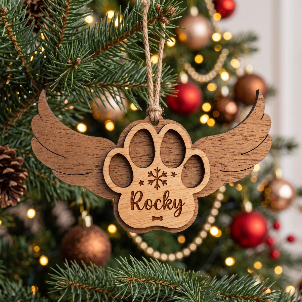 Bola de Navidad huella con alas de ángel y nombre Rocky, recuerdo de mascota, Lunera