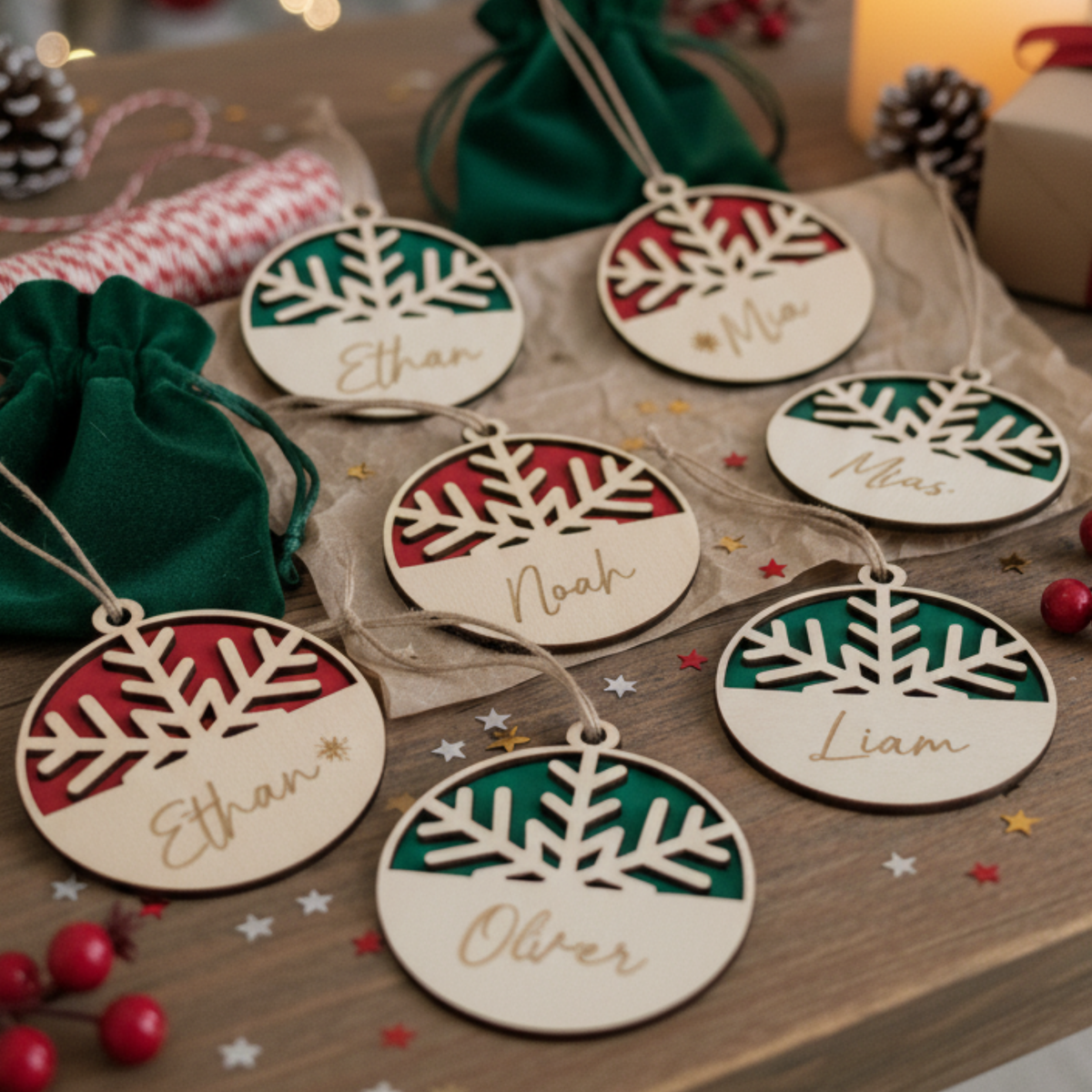 Bolas de Navidad de copo de nieve personalizadas con nombres para toda la familia, Lunera