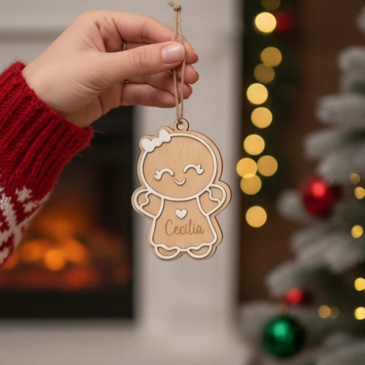Mano sosteniendo una bola de Navidad galleta de jengibre con nombre, Lunera