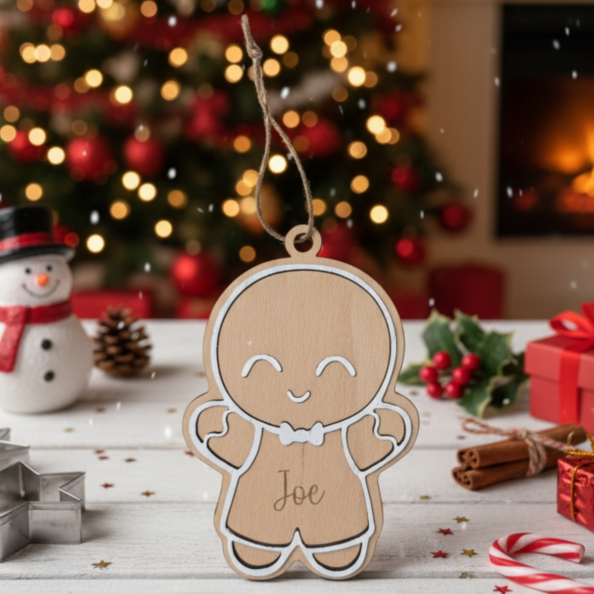 Bola de Navidad de madera galleta de jengibre con nombre Leo, hecha a mano por Lunera