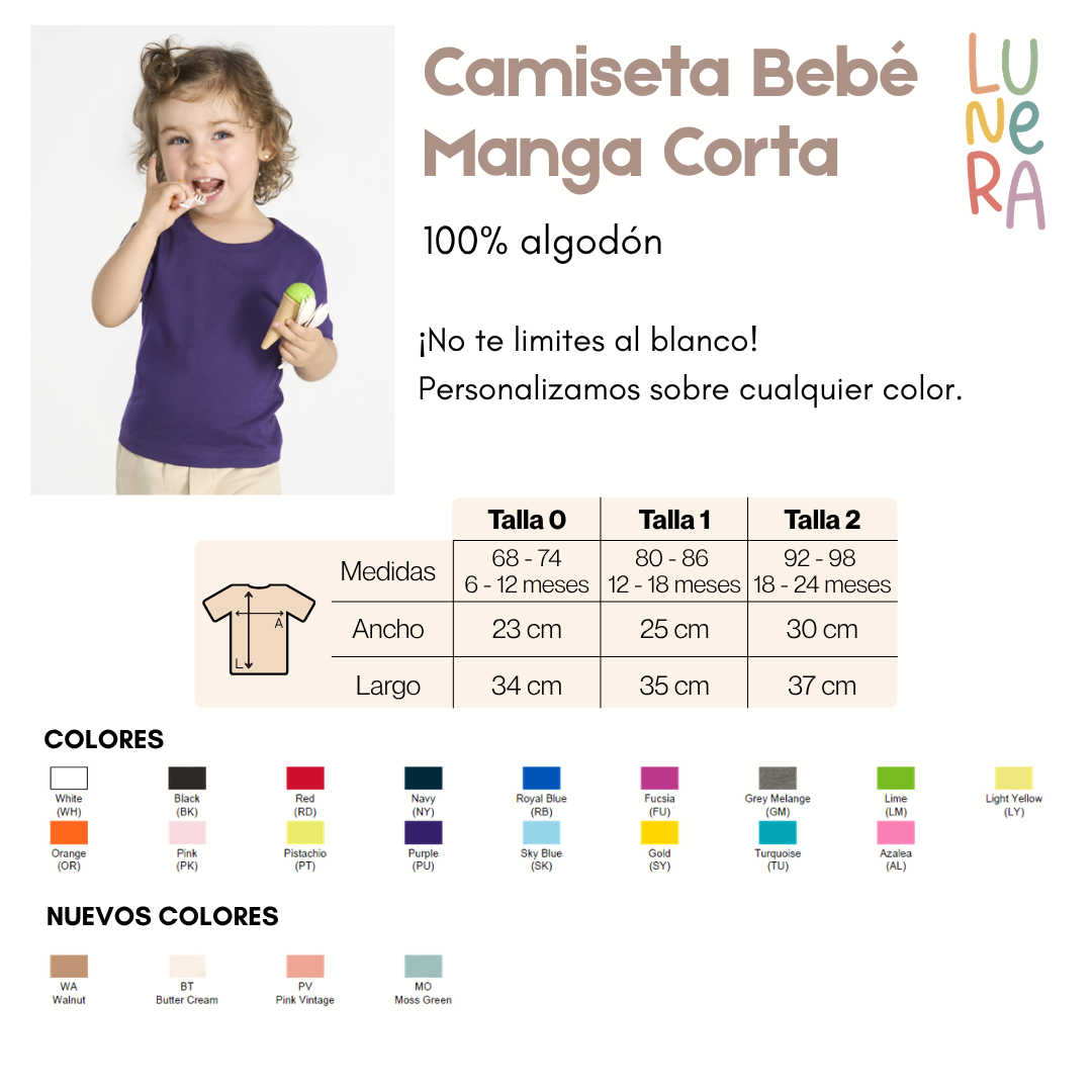 Guía de tallas y colores de la camiseta de bebé de manga corta de Lunera