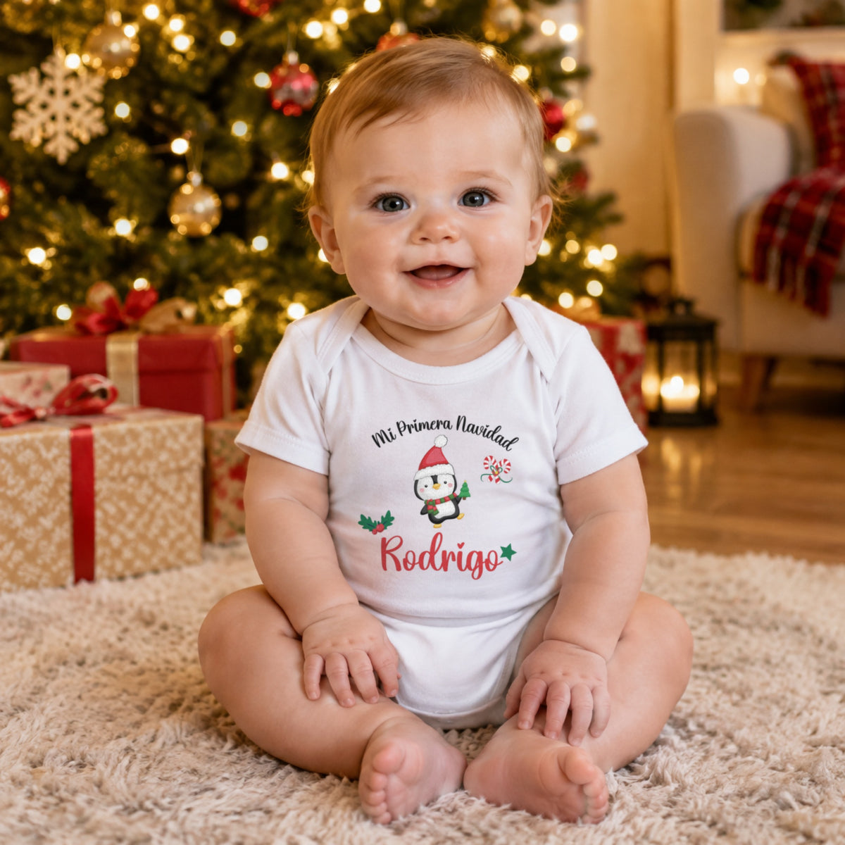 Modelo 7: bebé con el body Mi Primera Navidad con pingüino personalizado con el nombre Rodrigo