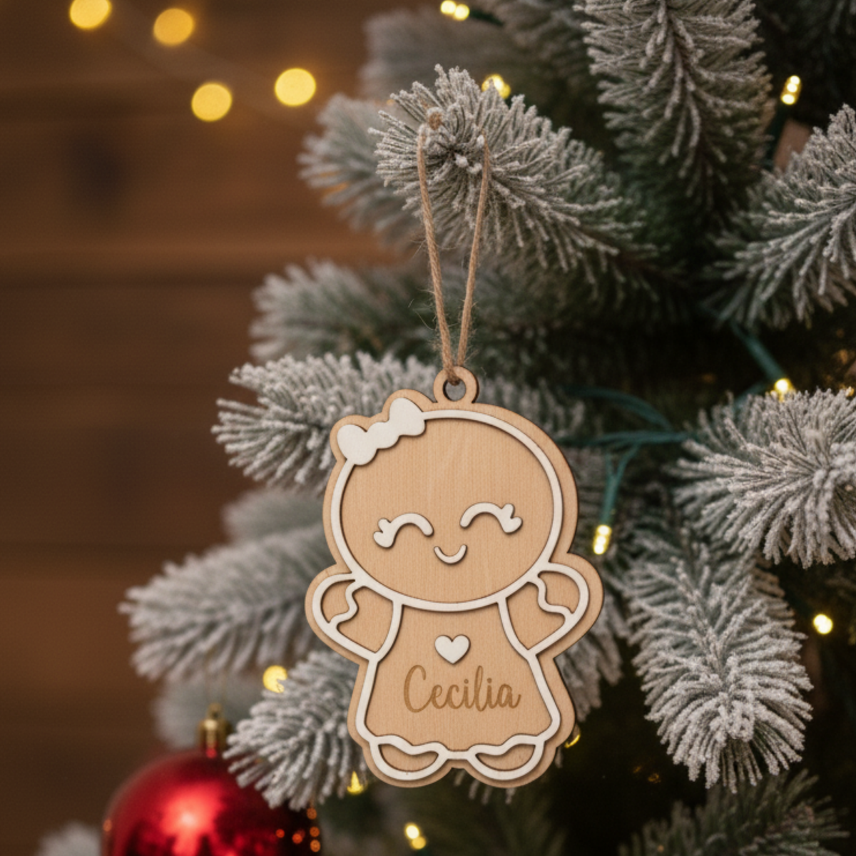 Bola de Navidad de madera galleta de jengibre con nombre Cecilia en el árbol, Lunera