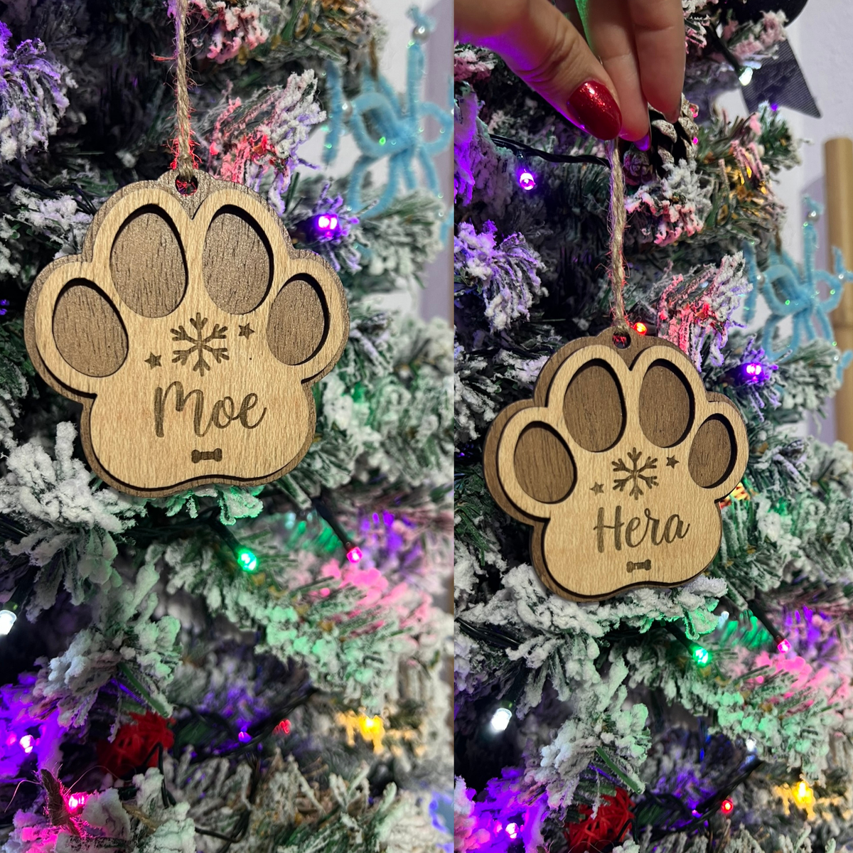 Bolas de Navidad de huella de mascota con nombres Moe y Hera en el árbol, Lunera