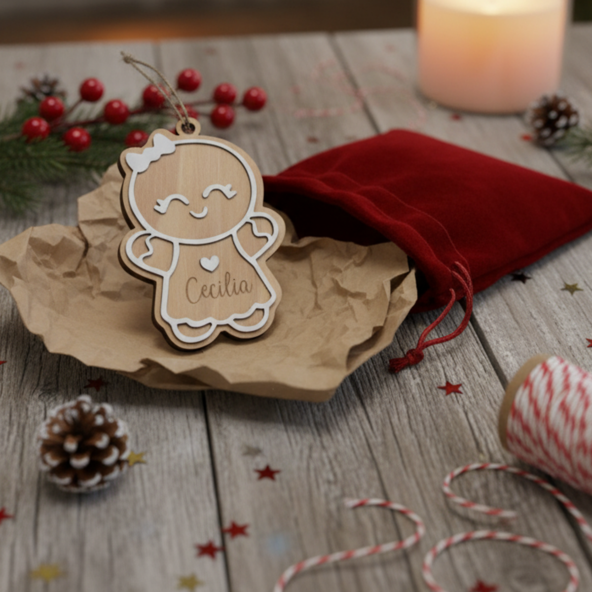 Bola de Navidad galleta de jengibre de madera con nombre y saquito de regalo, Lunera