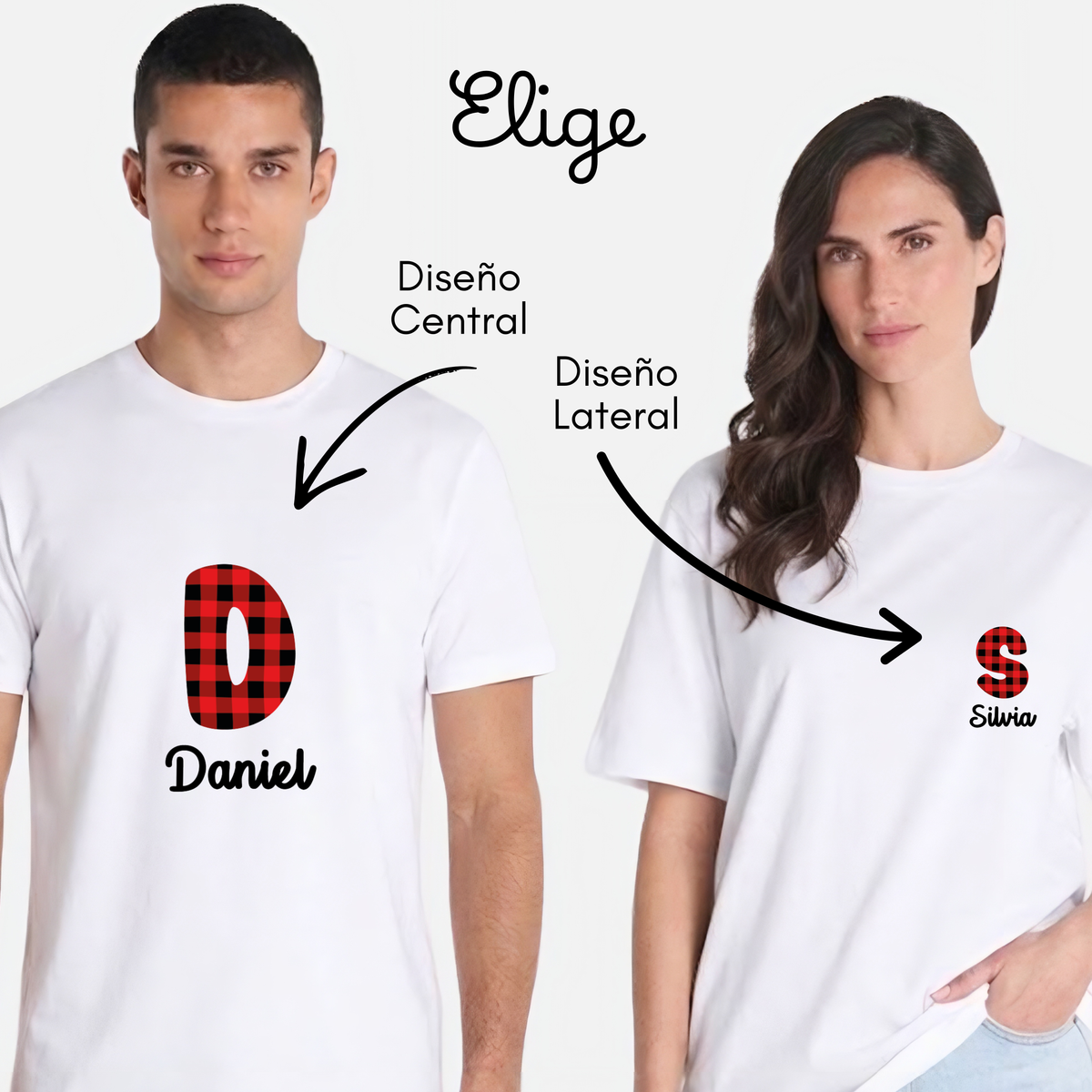 Adultos con camiseta blanca con inicial de cachirulo y nombre, diseño central o lateral, Lunera