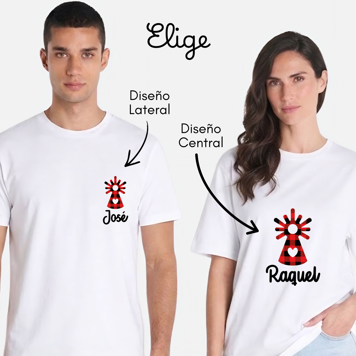 Adultos con camiseta blanca con la Pilarica de cachirulo y nombre, diseño central o lateral, Lunera
