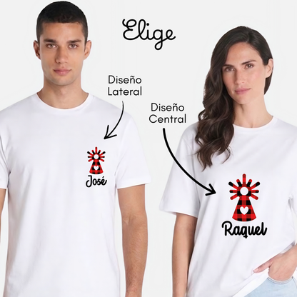 Adultos con camiseta blanca con la Pilarica de cachirulo y nombre, diseño central o lateral, Lunera