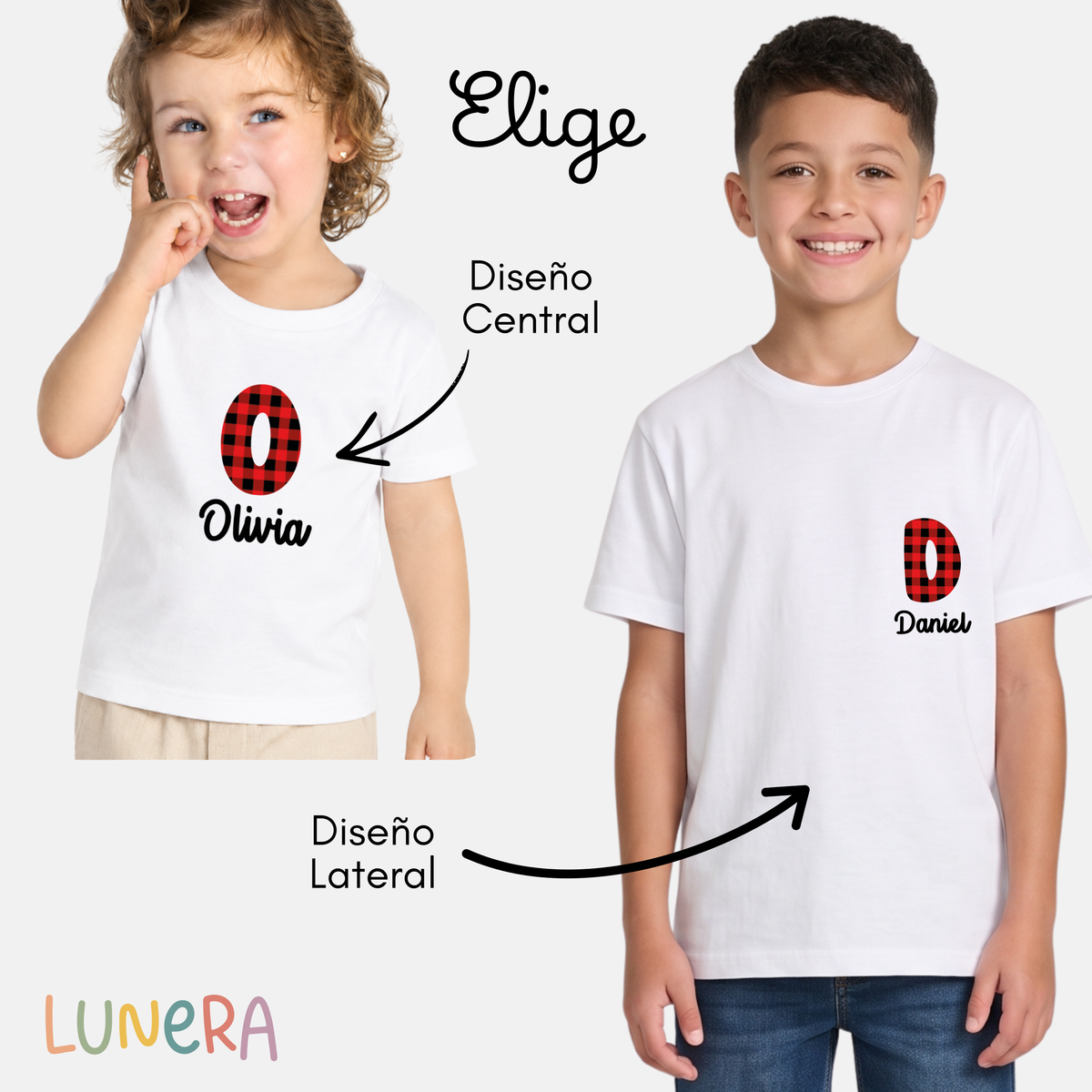 Niños con camiseta blanca con inicial de cachirulo y nombre, diseño central o lateral, Lunera