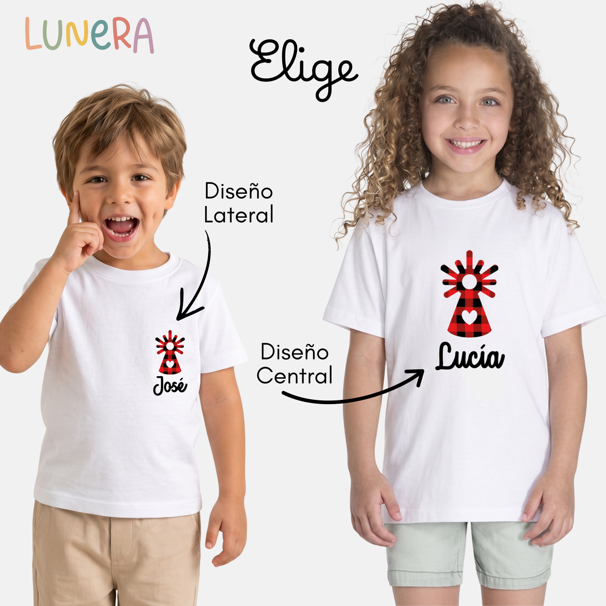 Niños con camiseta blanca con la Pilarica de cachirulo y nombre, diseño central o lateral, Lunera