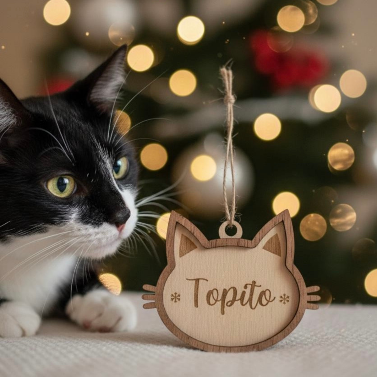 Gato junto a su bola de Navidad de madera con silueta de gato y nombre Topito, Lunera
