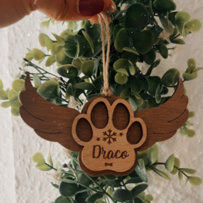 Bola de Navidad huella con alas de ángel y nombre Draco, recuerdo de mascota, Lunera