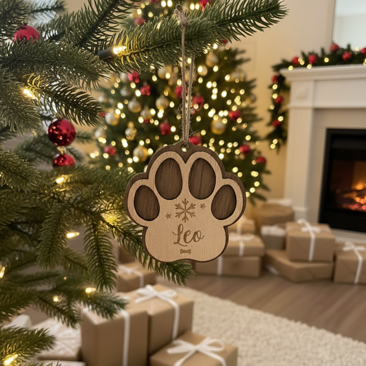 Bola de Navidad de madera con forma de huella y nombre Leo junto al árbol, Lunera