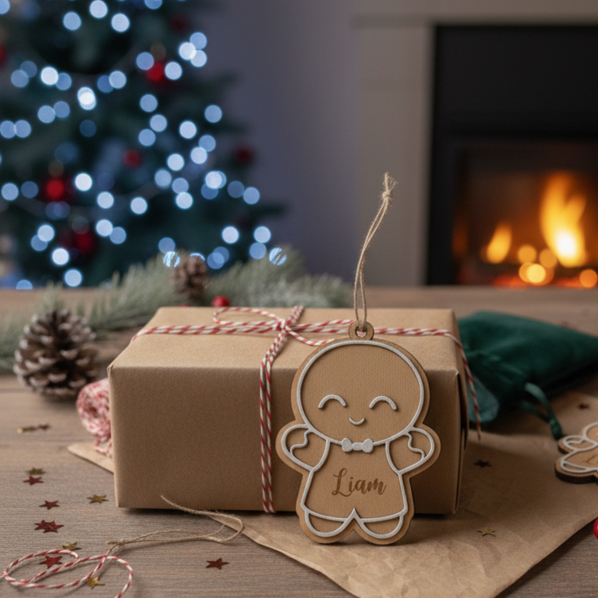 Bola de Navidad galleta de jengibre personalizada sobre un regalo envuelto, Lunera