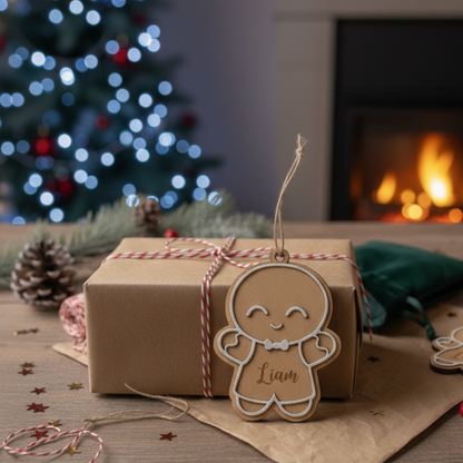 Bola de Navidad galleta de jengibre personalizada sobre un regalo envuelto, Lunera
