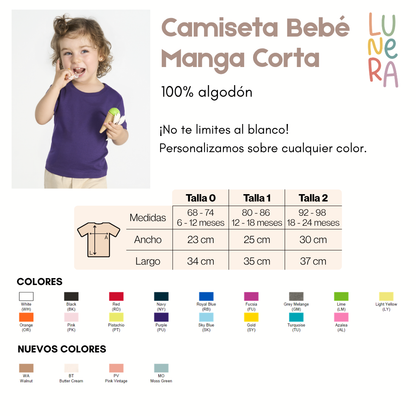 Guía de tallas y colores de la camiseta de bebé de manga corta de Lunera