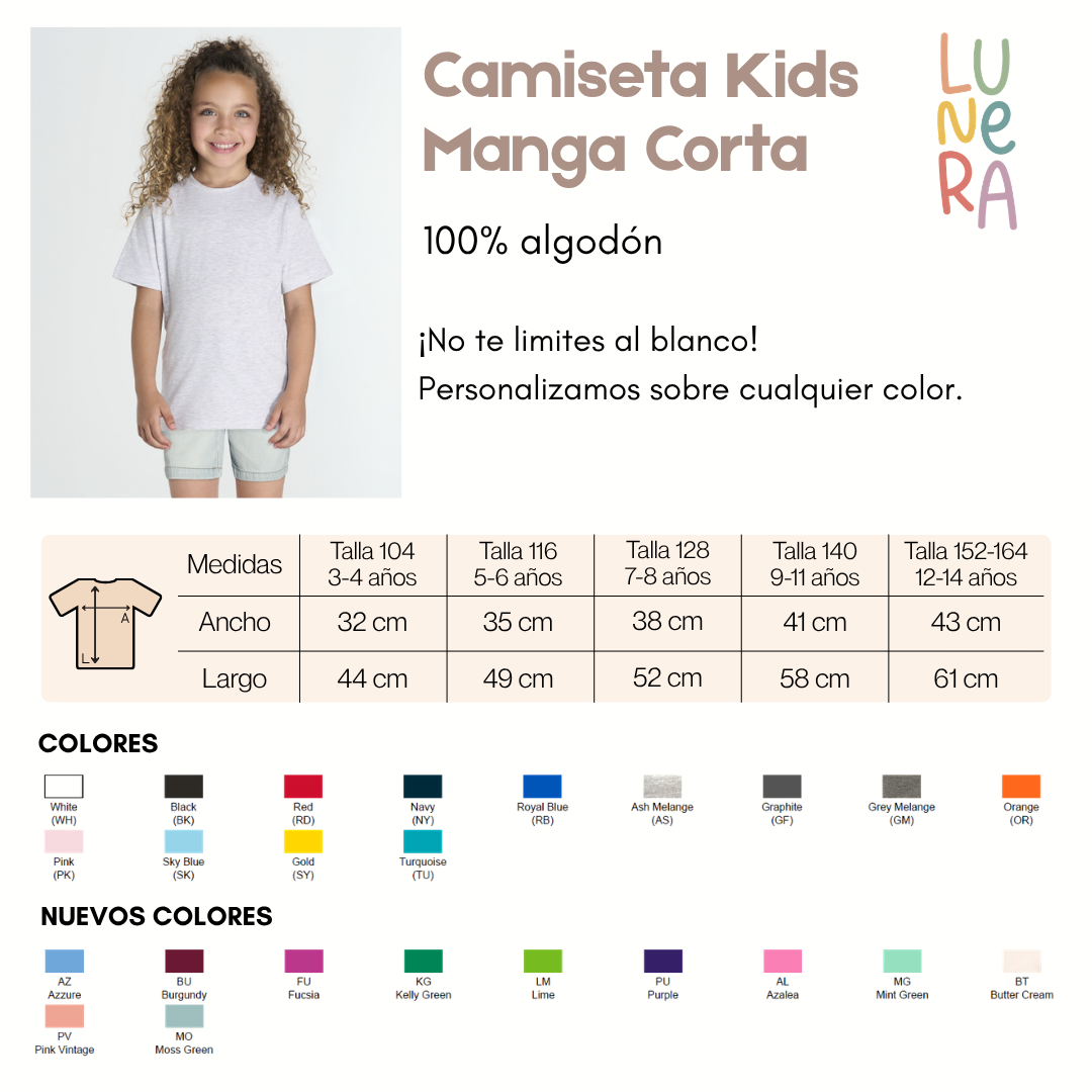 Guía de tallas y colores de la camiseta infantil de manga corta de Lunera