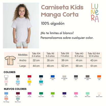 Guía de tallas y colores de la camiseta infantil de manga corta de Lunera