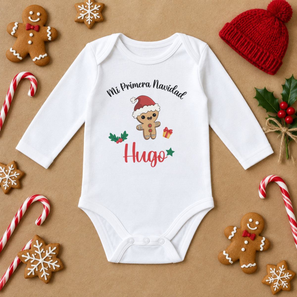 Modelo 5: body de bebé de manga larga Mi Primera Navidad con galleta de jengibre, personalizado con el nombre Hugo
