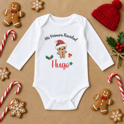 Modelo 5: body de bebé de manga larga Mi Primera Navidad con galleta de jengibre, personalizado con el nombre Hugo