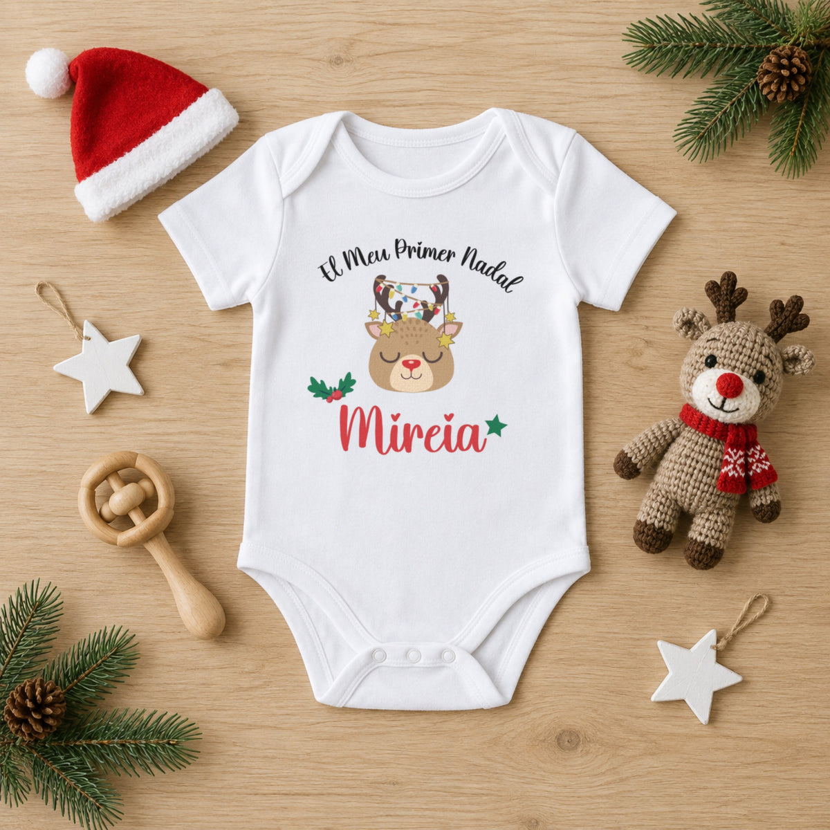 Modelo 8: body de bebé El Meu Primer Nadal con reno, personalizado con el nombre Mireia