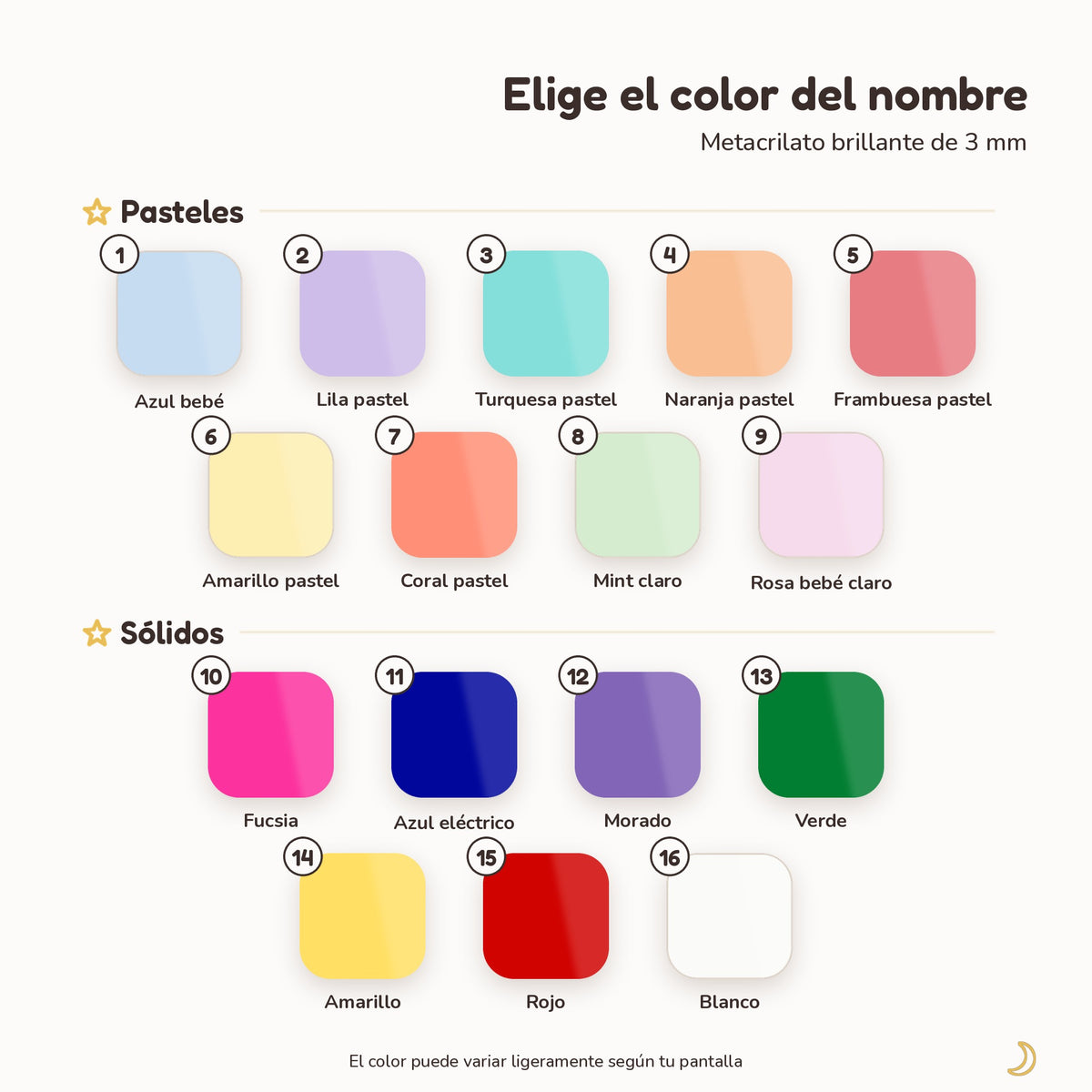 Colores de metacrilato disponibles para el nombre: 9 pasteles y 7 sólidos