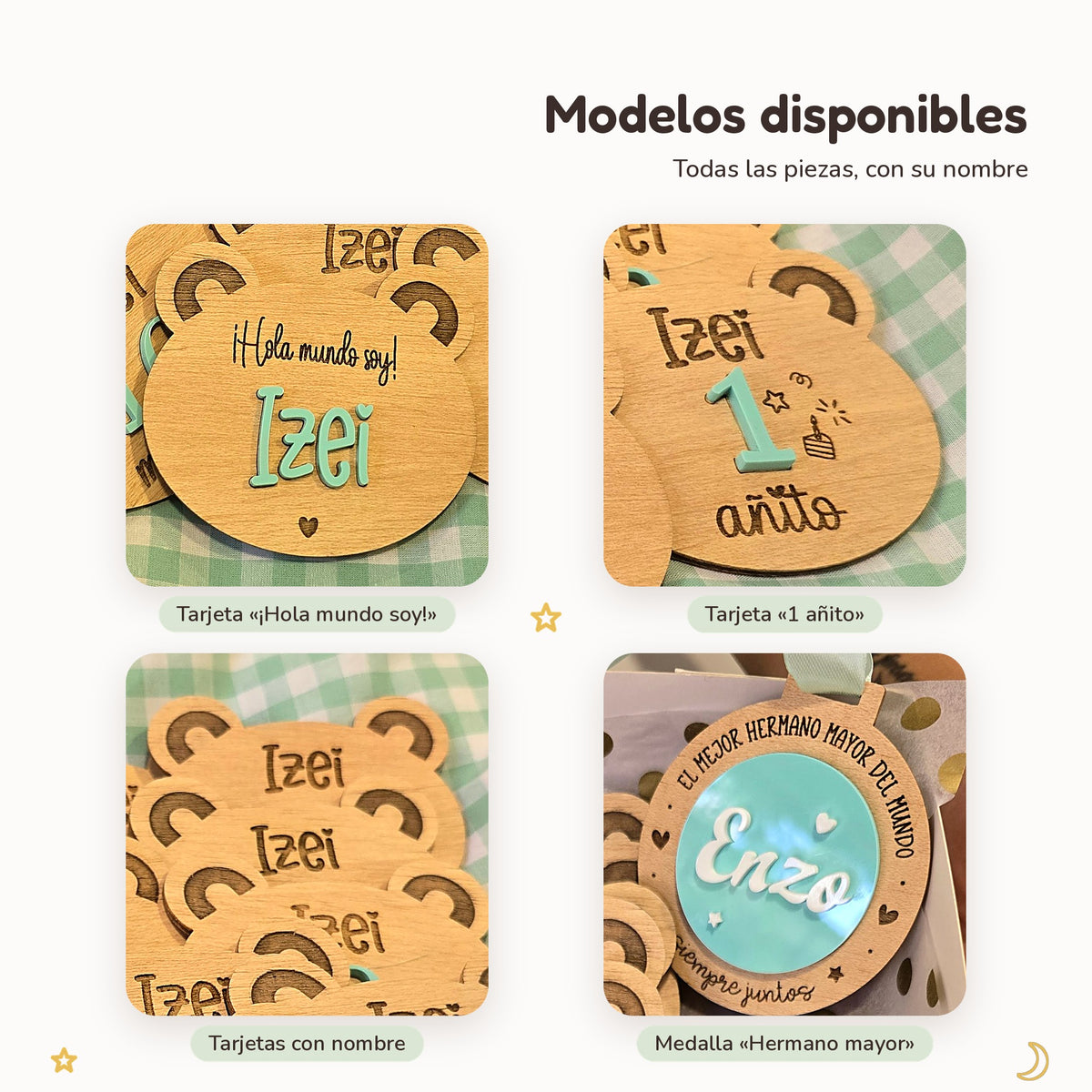 Modelos disponibles de los discos de nacimiento ositos: Hola mundo soy, 1 añito, tarjetas con nombre y medalla Hermano mayor