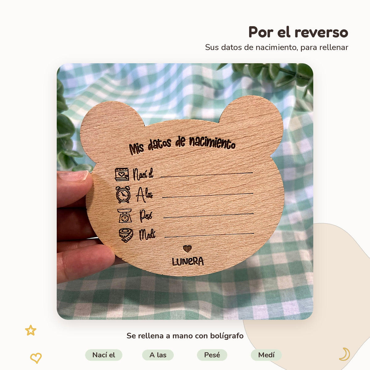 Reverso grabado del disco de nacimiento osito con Mis datos de nacimiento para rellenar a mano, Lunera