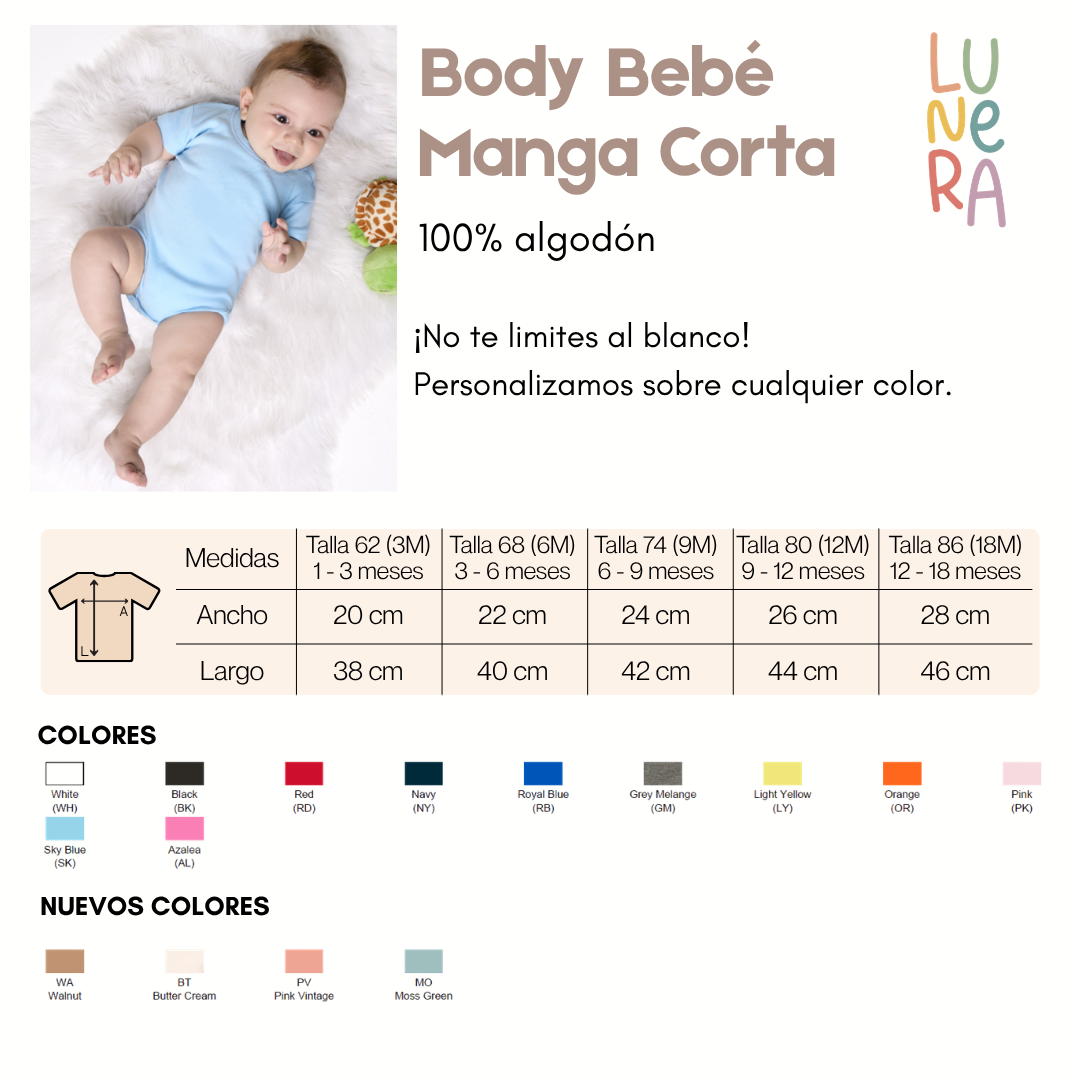 Guía de tallas y colores del body de bebé de manga corta de Lunera, 100 % algodón