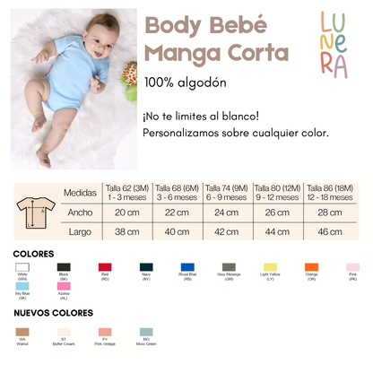 Guía de tallas y colores del body de bebé de manga corta de Lunera, 100 % algodón