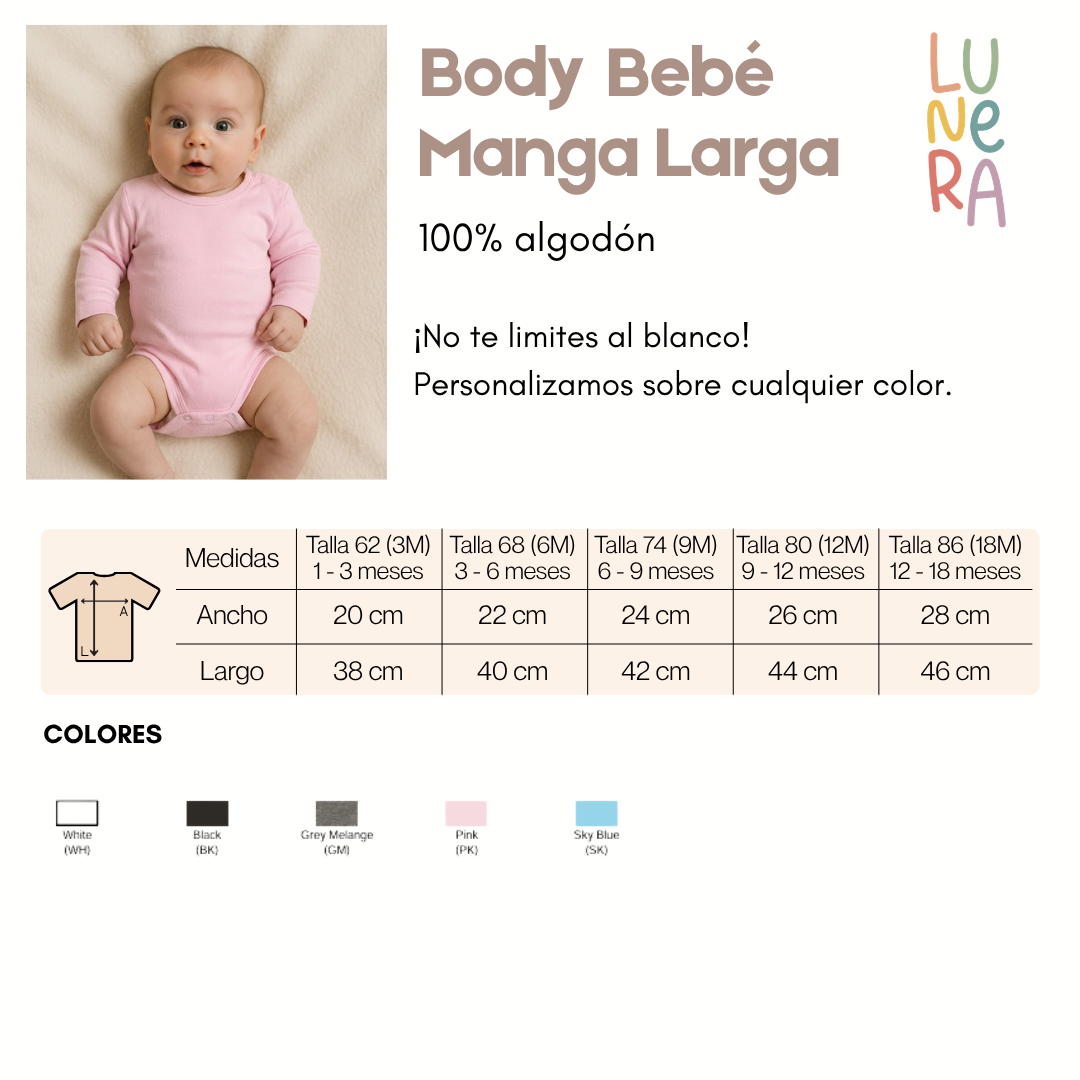 Guía de tallas y colores del body de bebé de manga larga de Lunera, 100 % algodón