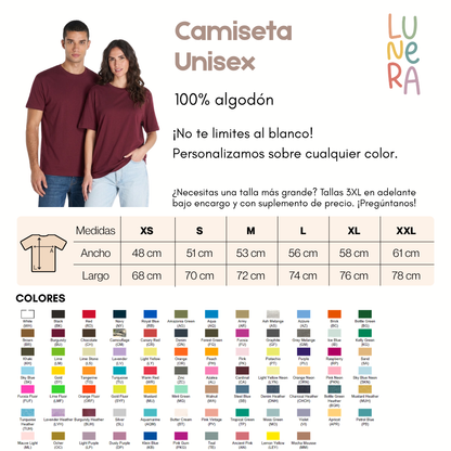 Guía de tallas y colores de la camiseta unisex de adulto de Lunera, 100 % algodón